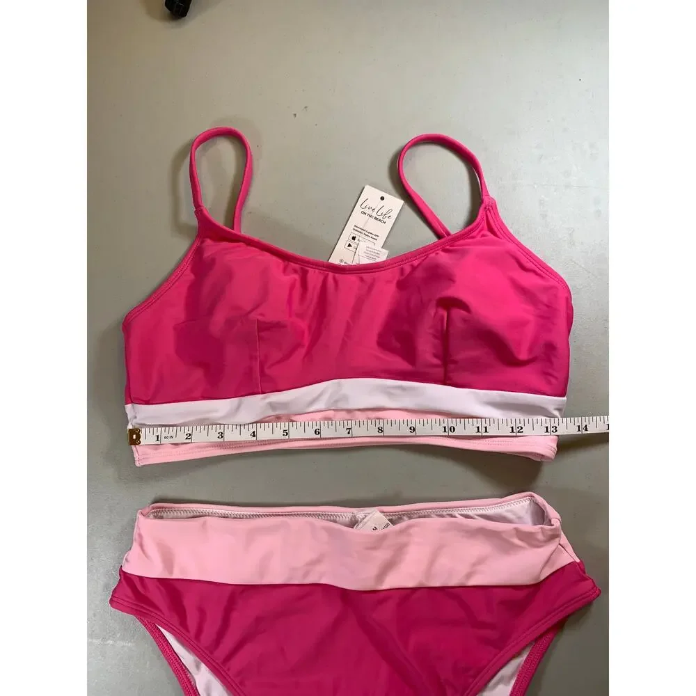 NWT Cupshe Pink Colorblock Sporty Bikini with High Rise Bottoms - Picture 2 of 9